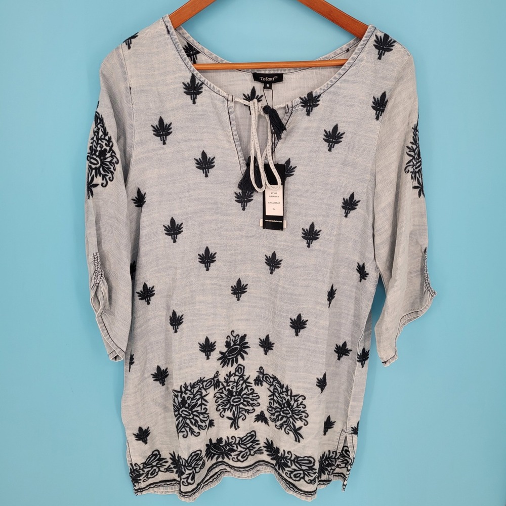 NWT Tolani Orianna Chambray Embroidered Tunic Dress Womens Medium Boho shift